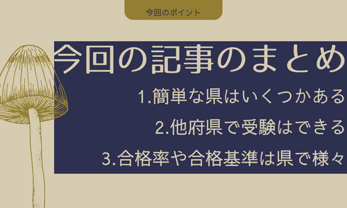 今回の記事のまとめ

今回のポイント
1.簡単な県はいくつかある
2.他府県で受験はできる
3.合格率や合格基準は県で様々